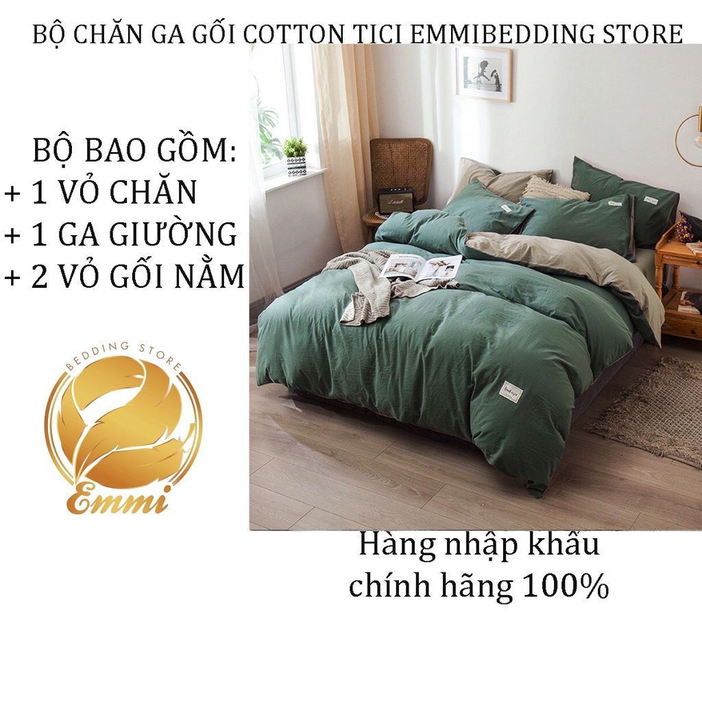 Bộ Chăn Ga Gối Cotton TC Emmidecor cao cấp - Xanh oliu