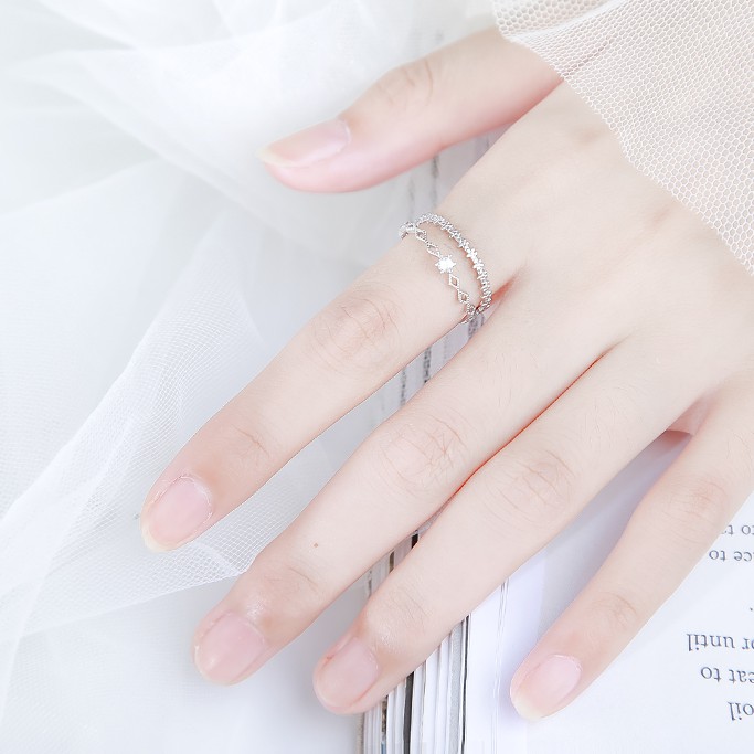 Nhẫn Bạc 2 tầng cao cấp, Nhẫn nữ bạc gắn đá 2 tầng TUNA SILVER Trang sức bạc cao cấp
