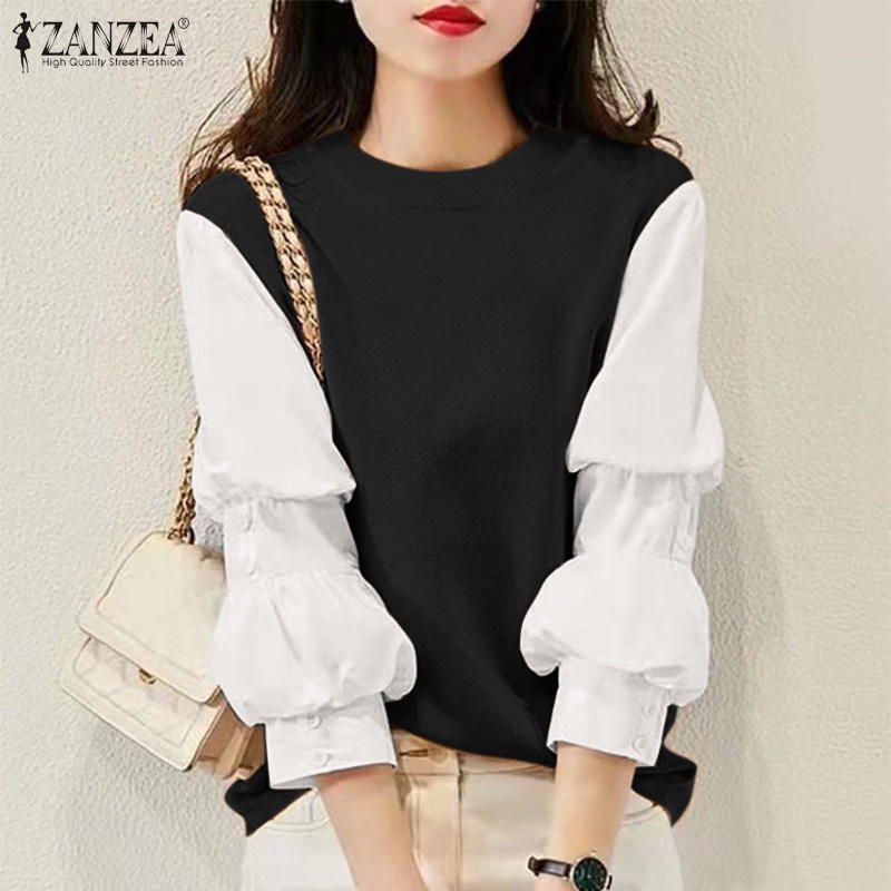 Áo sơ mi Zanzea tay dài cổ tròn màu tương phản thời trang tùy chọn màu sắc cho nữ
