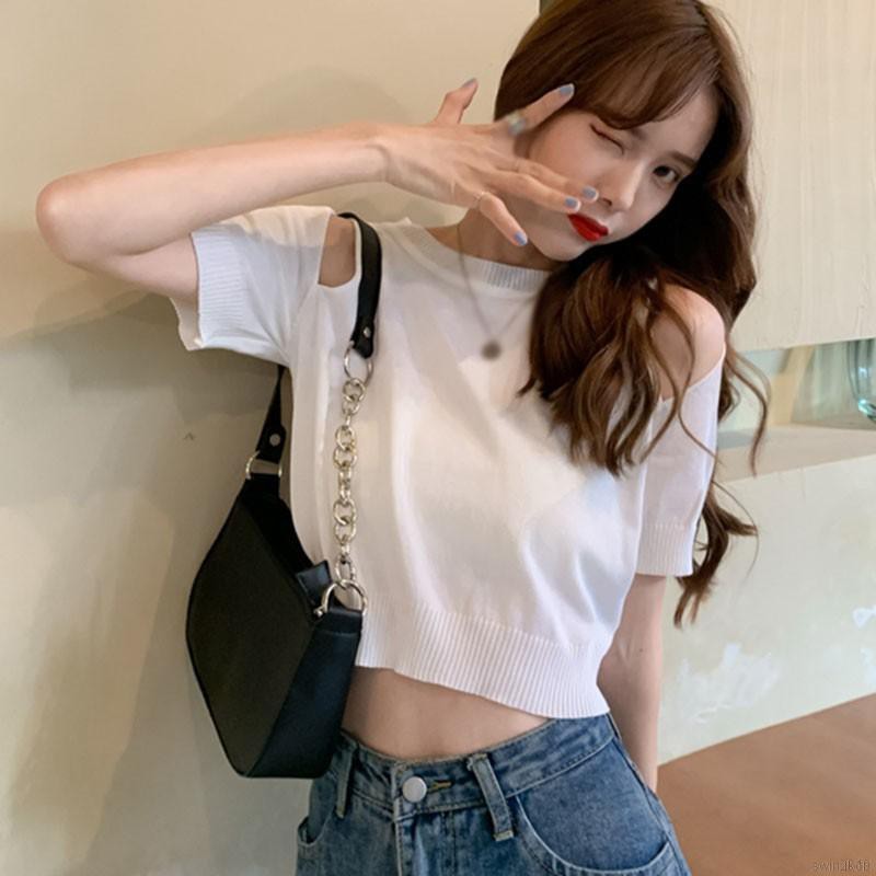 Women Off-the-shoulder Top Short Loose Knit  Solid Color Short-sleeved T-shirts