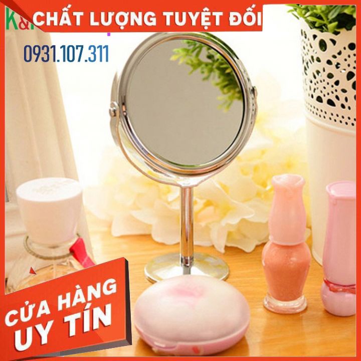 Gương trang điểm. Gương mini 2 mặt phẳng để bàn, một mặt có thể phóng to gấp 3 lần ảnh rõ nét.