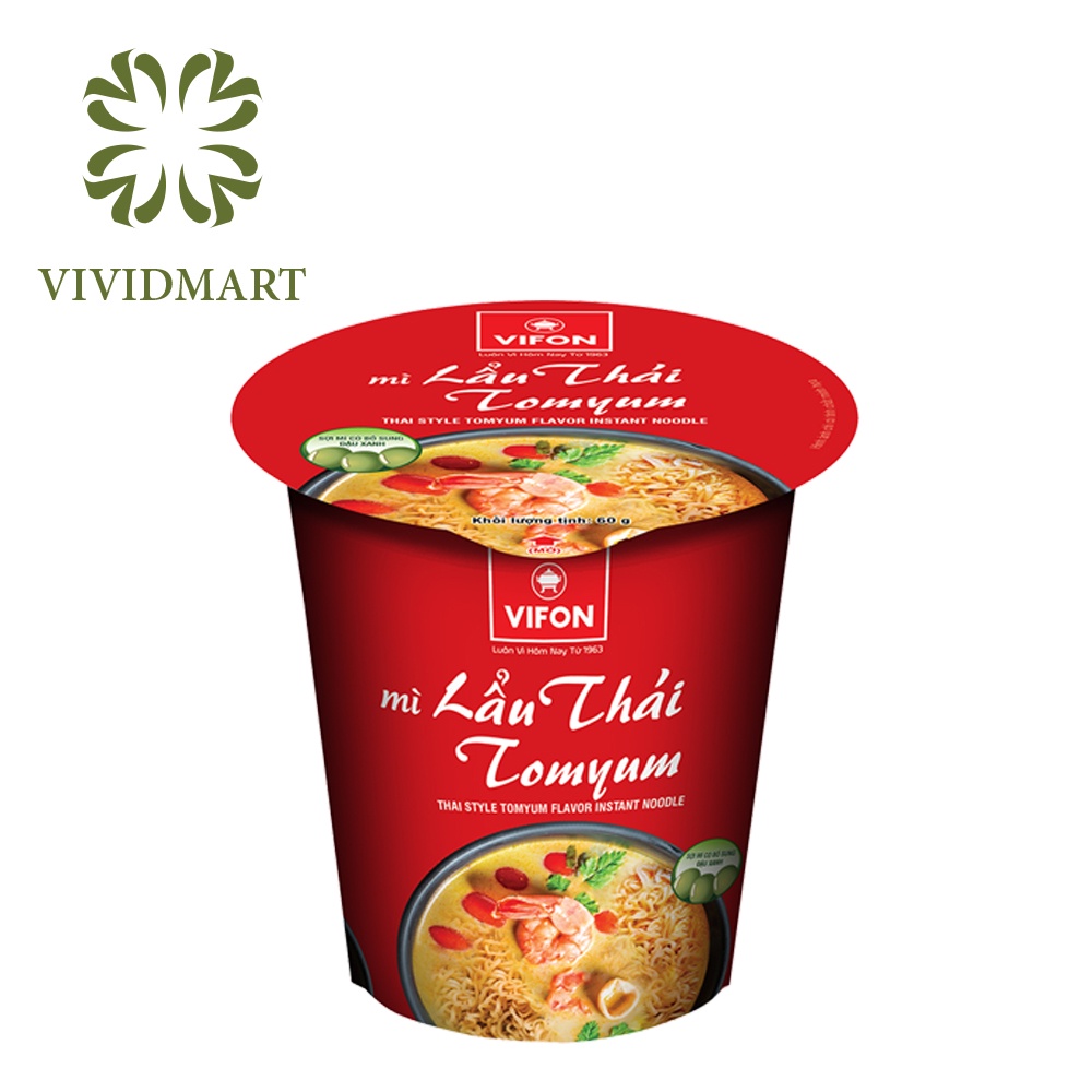 MÌ LY VIFON 6 VỊ: LẨU THÁI TÔM, LẨU THÁI TOMYUM, BÒ, GÀ, TÔM CHUA CAY, LẨU THÁI CHAY– 60g/LY – VIFON