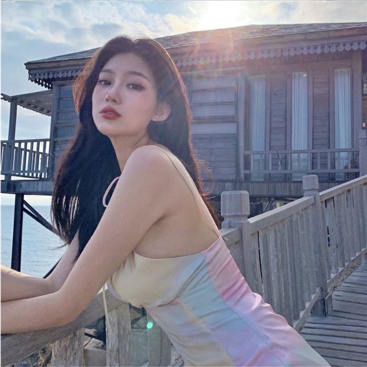 Đầm nữ hai dây loang màu dáng ôm đi biển xẻ tà ulzzang