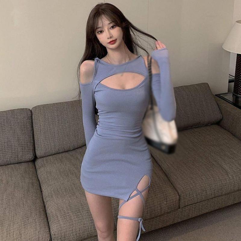 Đầm ôm dáng tay dài màu trơn thiết kế xẻ tà phong cách Hàn Quốc quyến rũ cho nữ