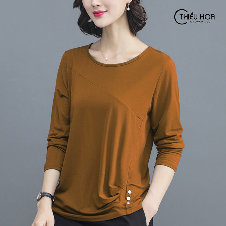 Áo Thun Cotton Tay Dài Nữ Trung Niên Đơn Giản Thiều Hoa F109