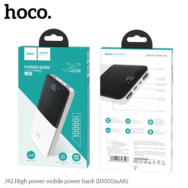 Pin sạc dự phòng Hoco J42 10.000 mAh sạc được 2 thiết bị cùng lúc, màn hinh hiển thị thông số, đầu vào Micro-USB/Type-C