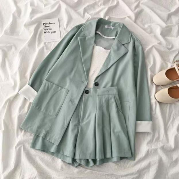 Sét áo vest + quần giả váy thời trang thanh lịch có ảnh thật ( chỉ có bộ xanh có quần sếp li)