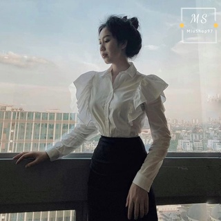 Áo Sơ Mi Tay Dài Bèo Vai Cánh Tiên HOTTRENDS (TRẮNG)