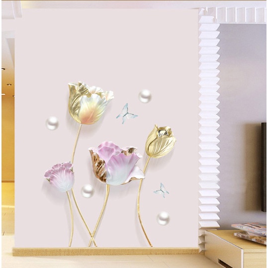 Decal trang trí tường - Hoa hồng ánh vàng và những hạt châu