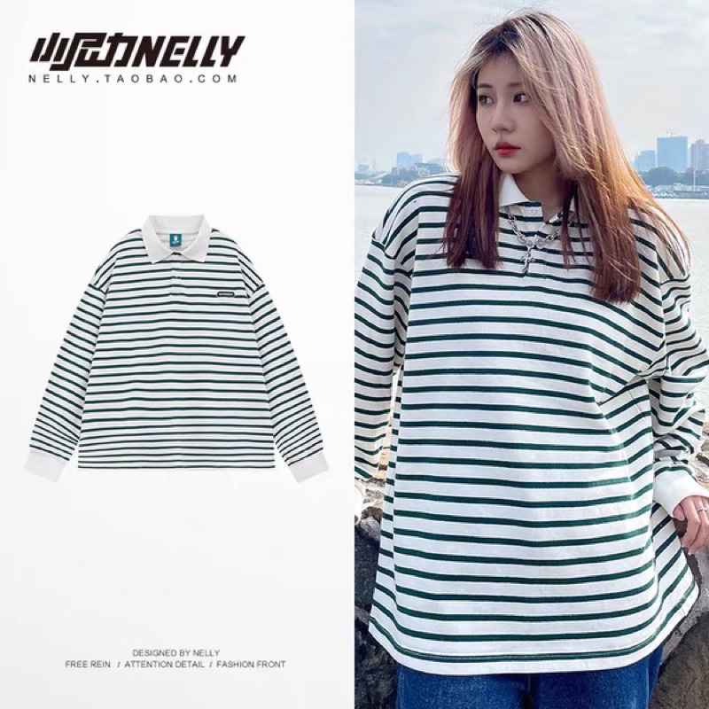 Áo sweater polo nelly dài tay sale (có sẵn) wussup xanh lá kẻ nhỏ