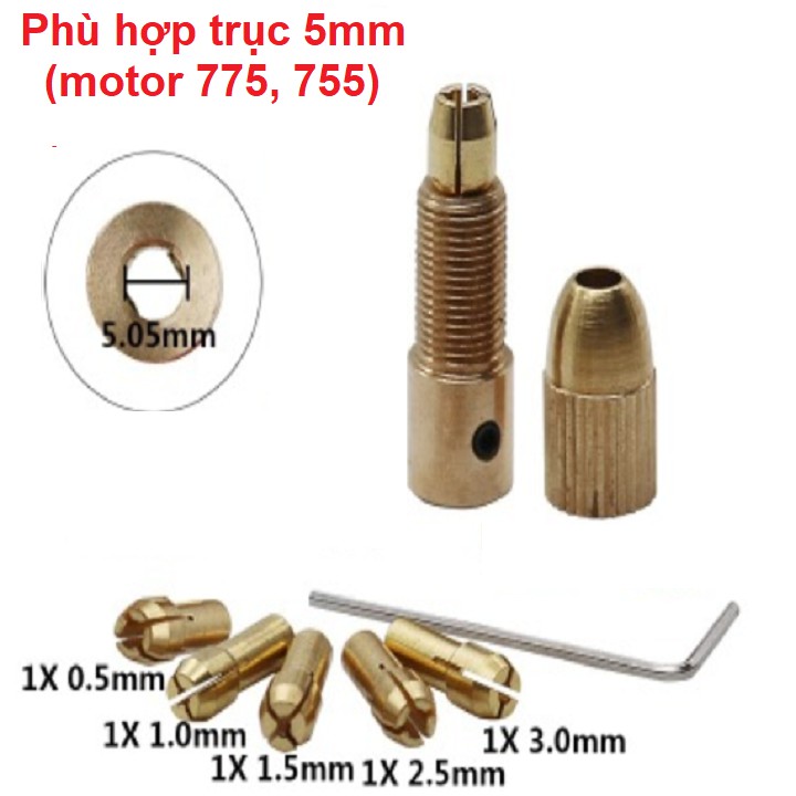 Bộ 5 đầu kẹp mũi khoan 0.5mm đến 3mm, trục 5mm; 3,17mm; 2,35mm; 2mm chuyên kẹp mũi khoan chế máy khoan cầm tay mini...