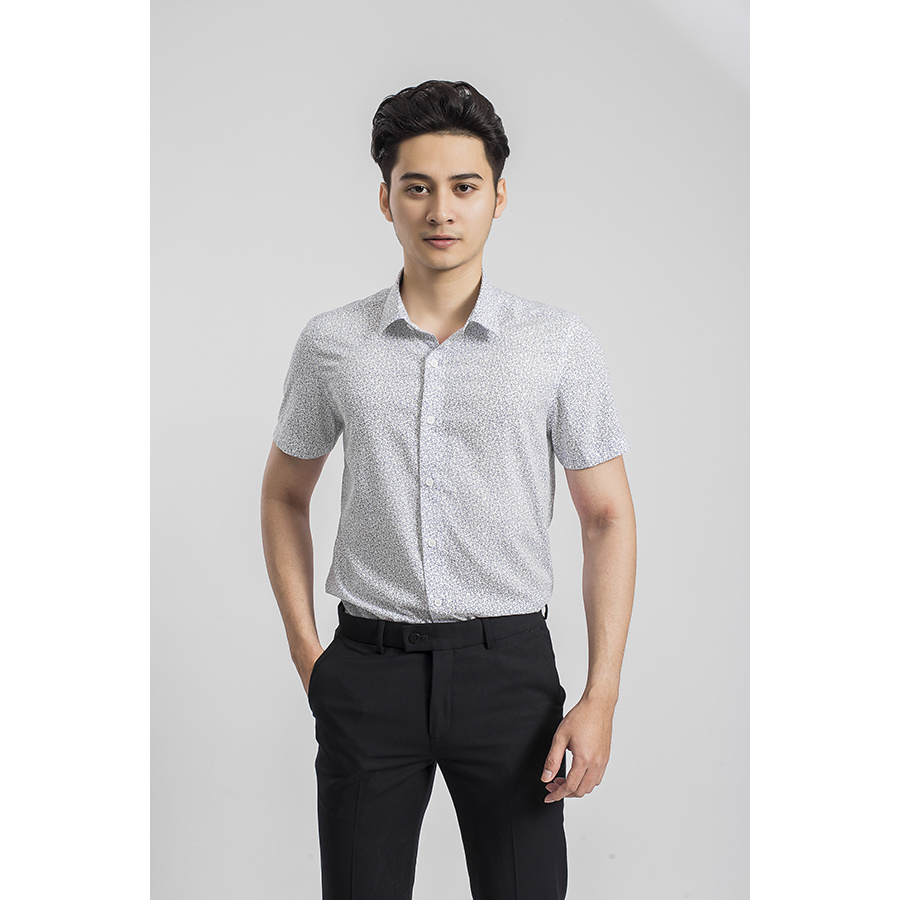 Áo Sơ Mi Nam Tay Ngắn Aristino ASS065S9 Màu Trắng In Họa Tiết Lá Dáng Slim Fit Vải Sợi Sồi