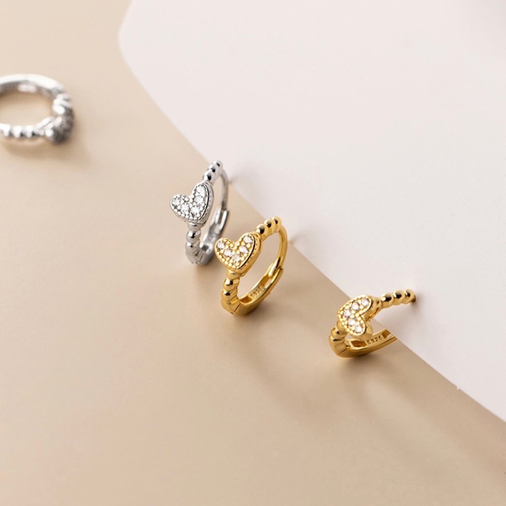 Khuyên tai tròn bạc nữ hình trái tim , Bông tai bạc Ý 925 mạ vàng cao cấp DUYSON SILVER
