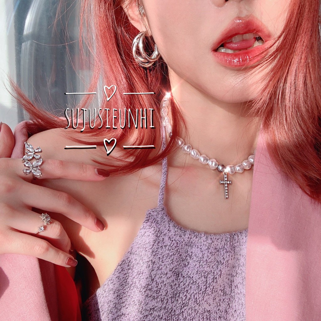 (2 mẫu)Vòng cổ choker ngọc có gắn chữ thập đính đá (Loại đẹp)