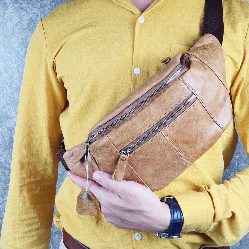 [Da thật] Túi đeo hông da bò thật TD106 (Nâu/Ghi) - 100% da bò thật, BH 3 năm | BigBuy360 - bigbuy360.vn