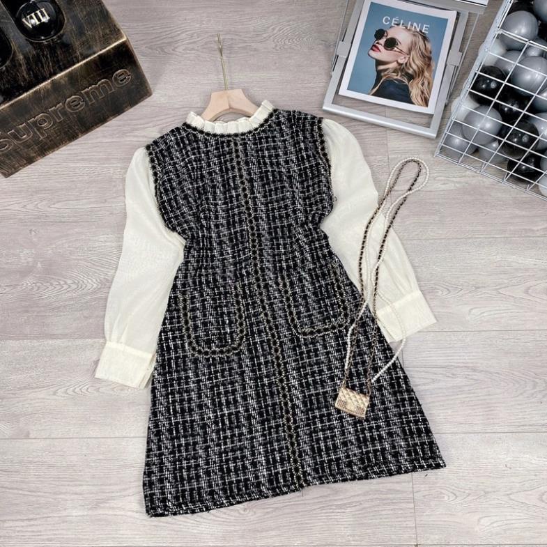 VÁY DẠ KẺ TWEED CỔ BÈO PHỐI TAY VOAN TƠ TIỂU THƯ SIÊU XINH