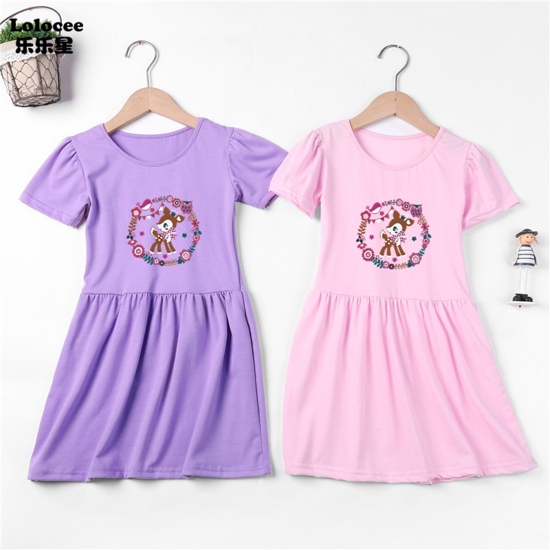 Đầm Cotton In Hình Con Nai Cho Bé Gái