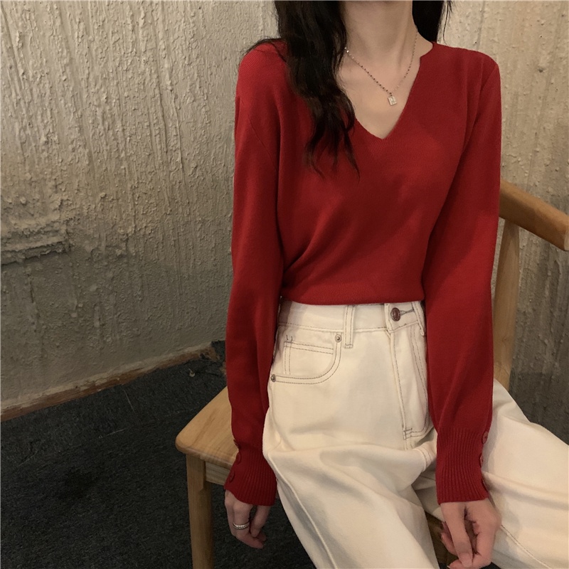 Áo sweater SUXI dệt kim mỏng tay dài cổ chữ v thời trang mùa thu cho nữ