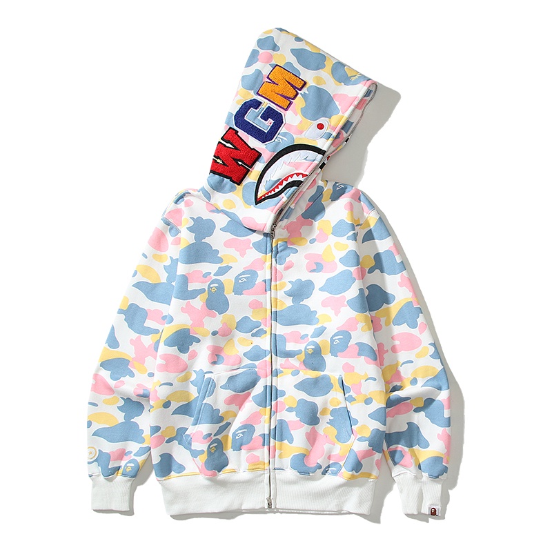 ❤❀  ❤ Bape Áo Khoác Hoodie Tay Dài In Hình Đầu Cá Mập Họa Tiết Rằn Ri Cá Tính Cho Cặp Đôi