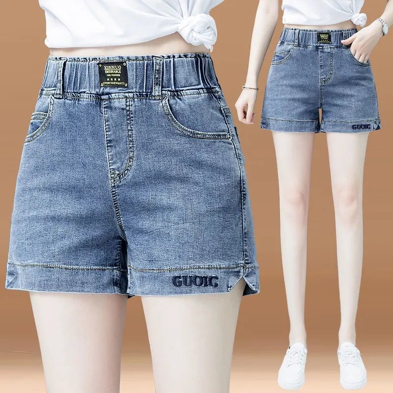 Quần short denim lưng cao ống rộng co giãn thêu họa tiết phong cách Hàn Quốc mẫu mới dành cho nữ 2021