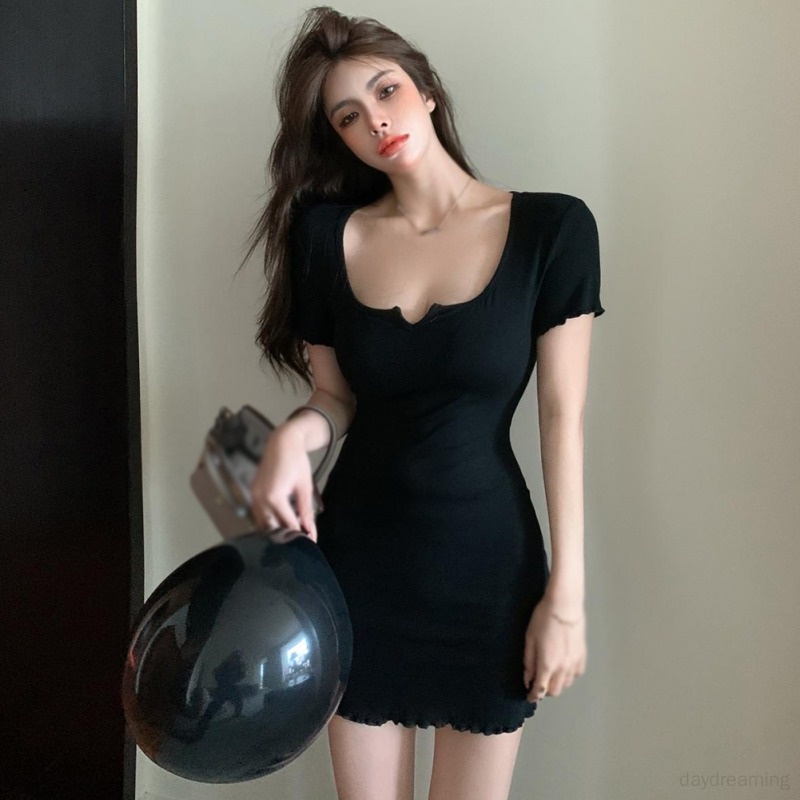 Đầm Tay Ngắn Cổ Vuông Màu Sắc Trơn Phong Cách Hàn Quốc Dành Cho Nữ