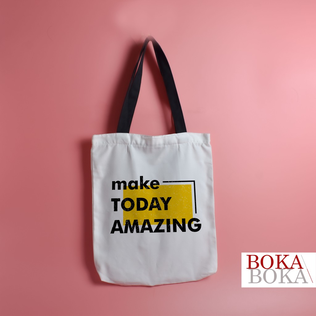 Túi Tote Vải Canvas Đeo Vai Dây Đen In Chữ Đen Đơn Giản [Khóa Miệng Túi + Túi Con]