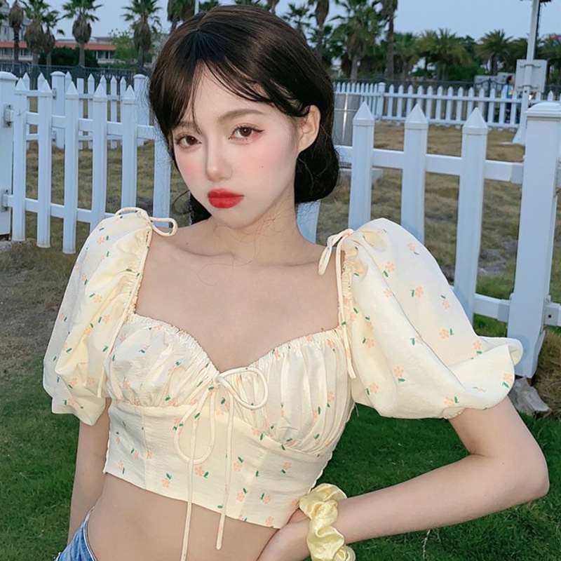 Áo croptop tay phồng cổ chữ V in họa tiết hoa kiểu Hàn Quốc thời trang mùa hè tùy chọn màu sắc cho nữ