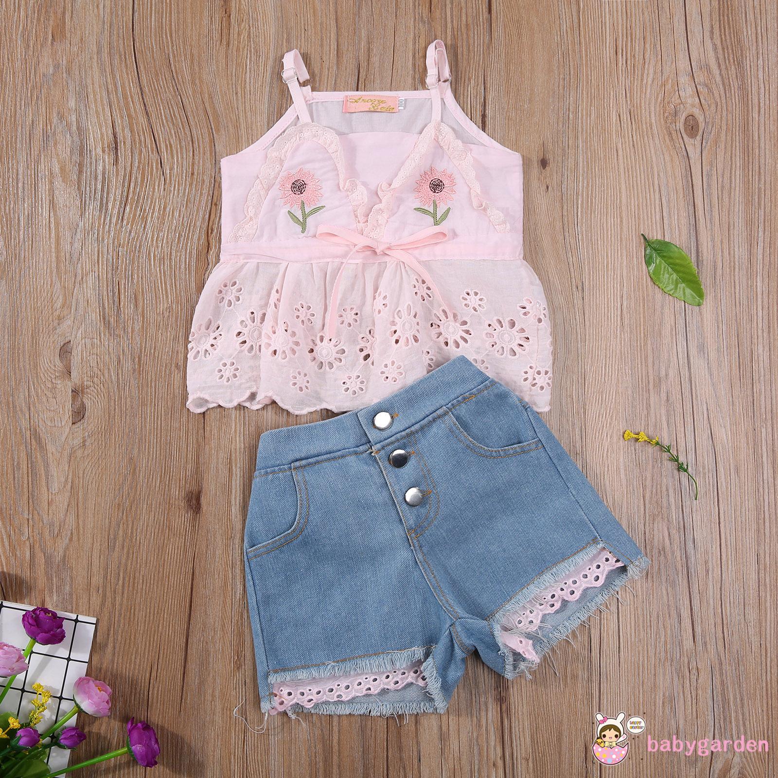 Bộ Áo Cổ Chữ V Không Tay Thêu Hoa Hướng Dương + Quần Short Denim Màu Trắng / Hồng Cho Bé Gái