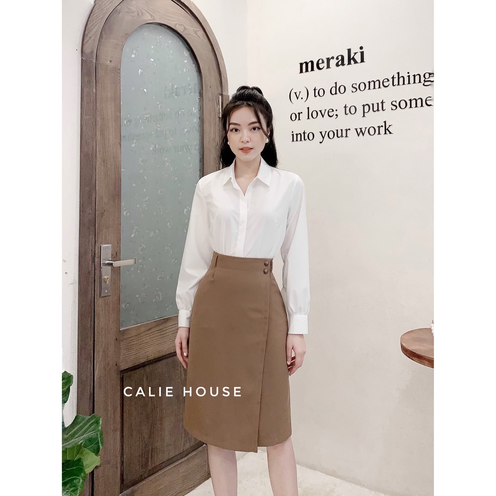Áo sơ mi thô hàn nữ cổ đức dài tay dáng basic form rộng thanh lịch thời trang công sở Calie House A121