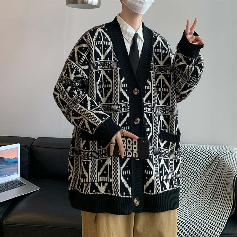 ✦ AFFLIGA ✦Áo khoác cardigan dệt kim dáng rộng màu đen kẻ sọc phong cách Hàn Quốc đơn giản retro cho nam