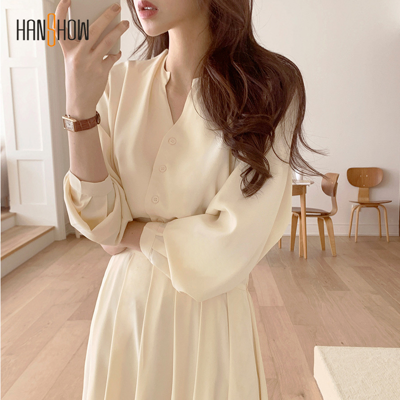 Đầm Voan Xếp Ly Cổ V Dài Tay Phong Cách Vintage Thanh Lịch Cho Nữ