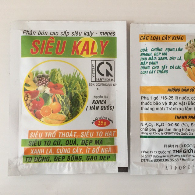 Phân Siêu Kali 25gr - Hoa, củ, quả siêu to, đẹp mã, xanh lá