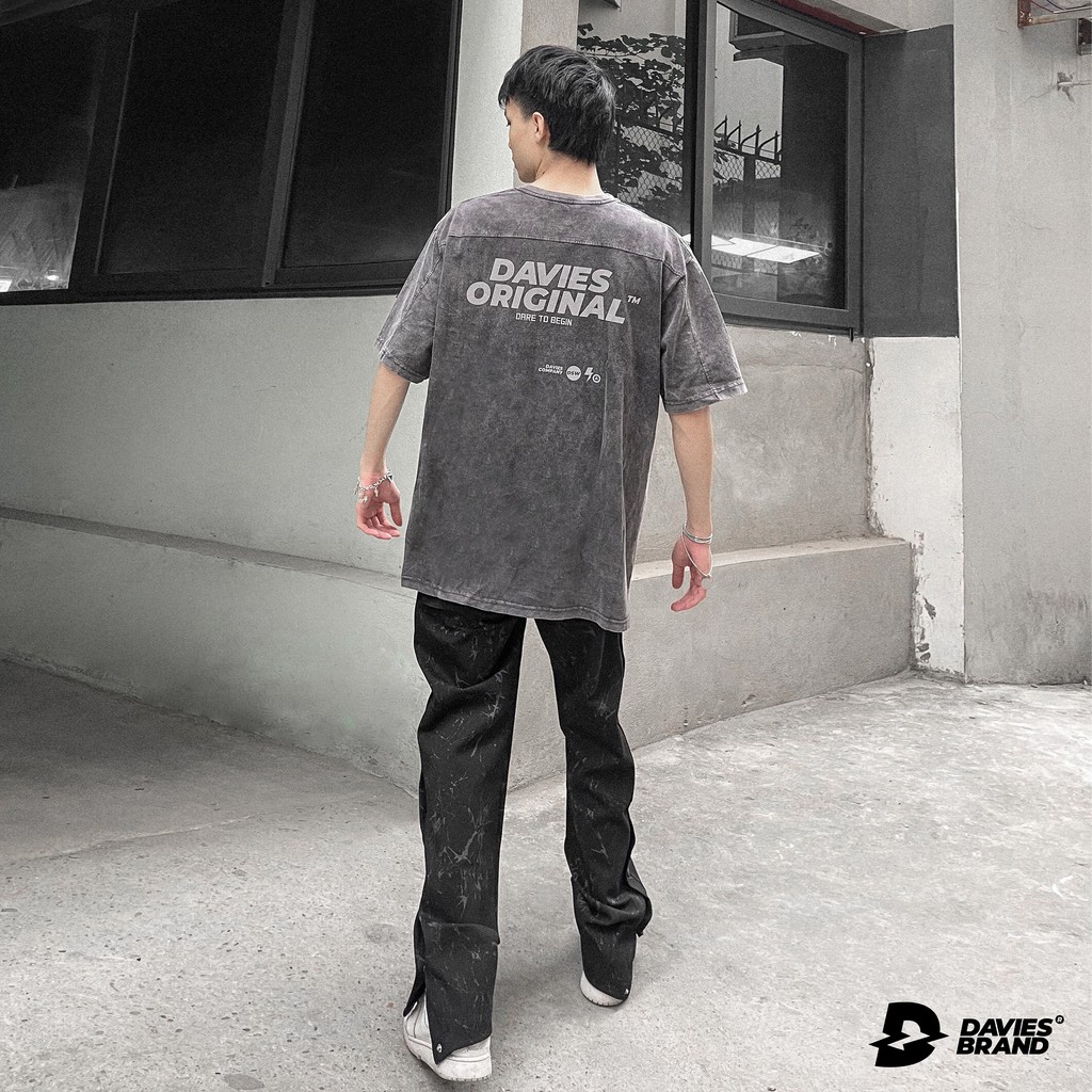 DAVIES Áo thun nam nữ tay lỡ form rộng màu đen Original Wash Tee