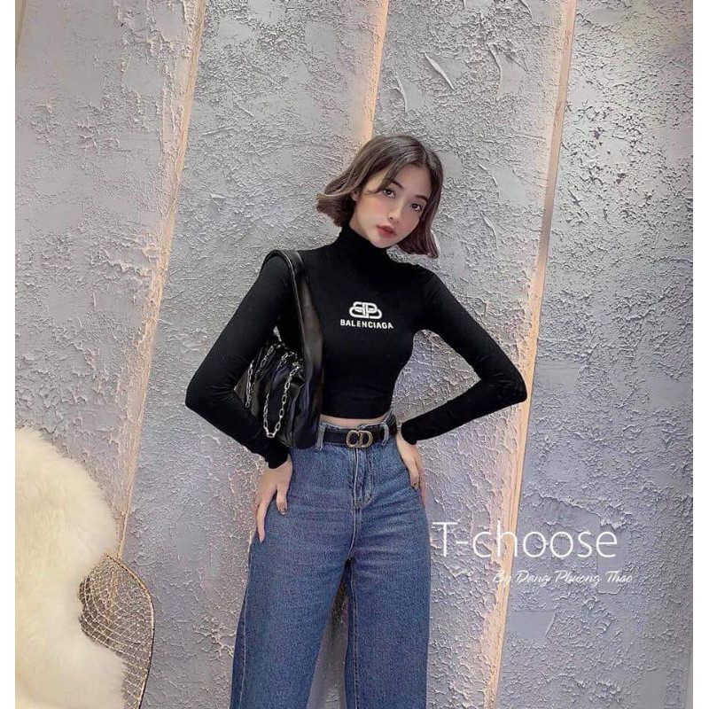 Áo thun croptop cổ lọ tay dài ôm eo sexy