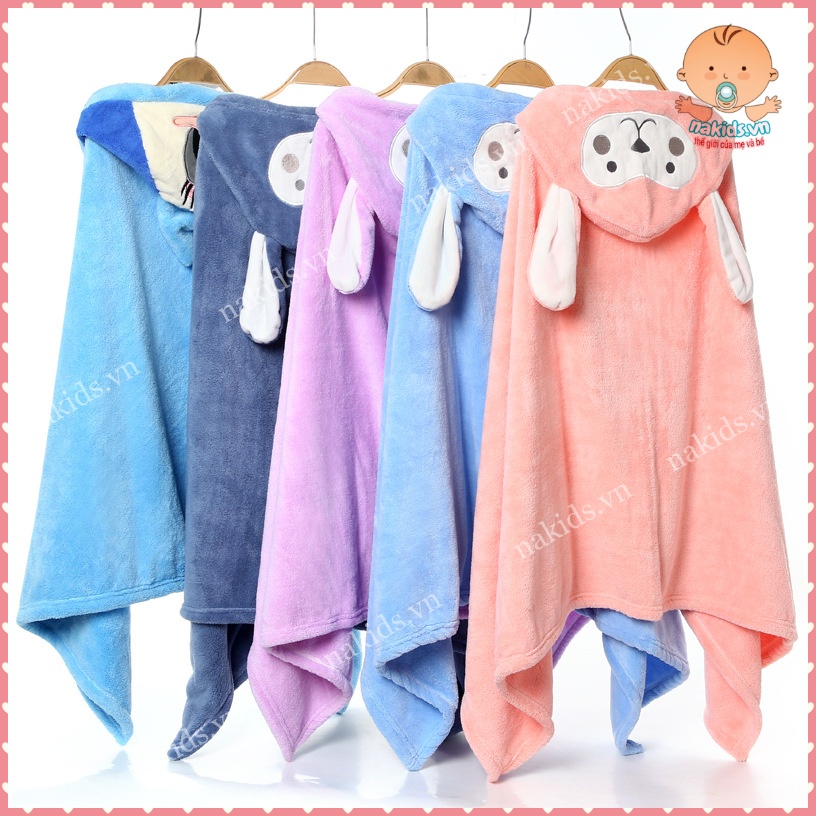 Áo Choàng - Khăn Tắm Có Mũ Chất Liệu San Hô Siêu Mềm Mịn An Toàn Cho Da Của Bé