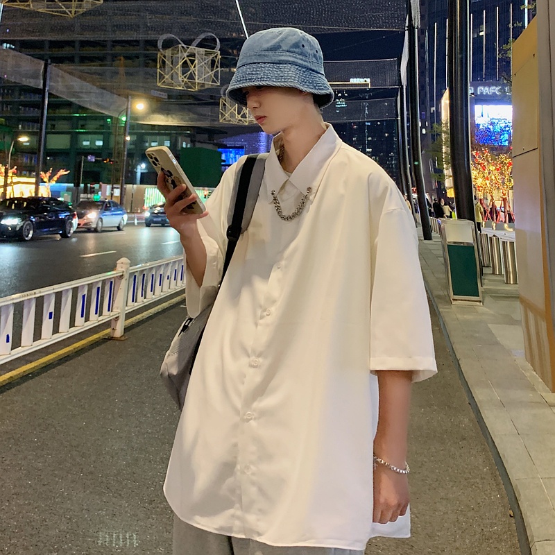 Áo Sơ Mi Tay Ngắn Màu Trơn Phong Cách Hàn Quốc Thời Trang Cá Tính Cho Nam