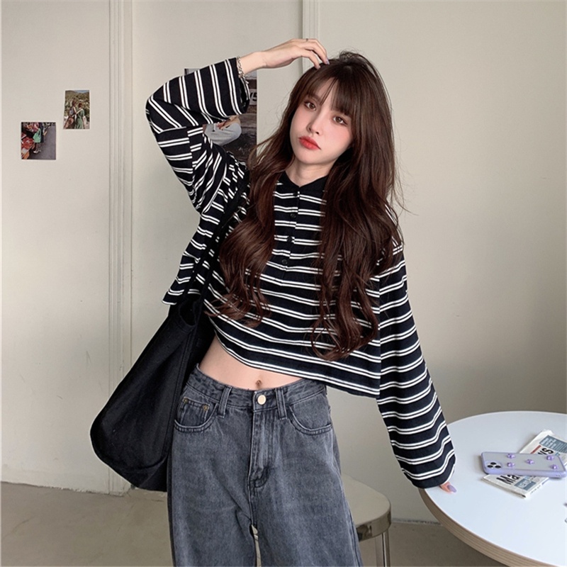 【ZHELIHANGFEI】Áo Thun POLO Tay Dài Form Rộng Họa Tiết Sọc Dễ Phối Đồ