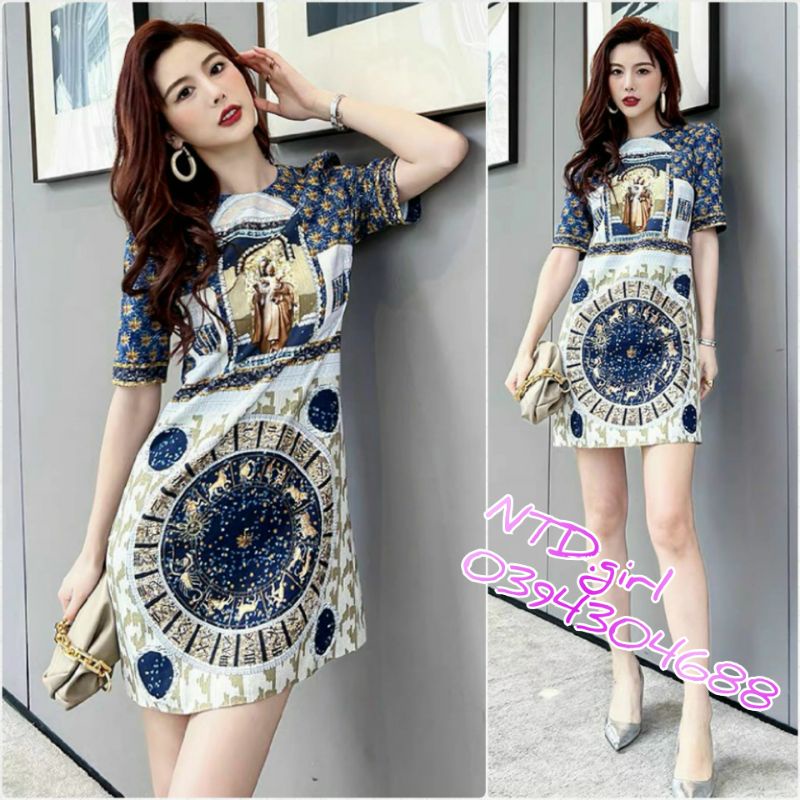 Hàng nhập - Đầm dáng suông lụa in hoa văn lộng lẫy, váy xuông dự tiệc cổ tròn tay ngắn