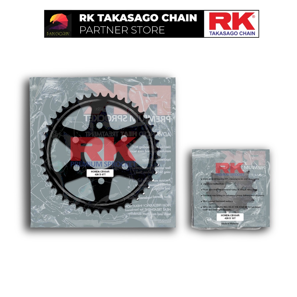 Nhông Dĩa RK Takasago cho xe máy Honda CB150R Neo Sport, chất liệu: Thép mạ màu đen, độ dày Nhông Dĩa: 428