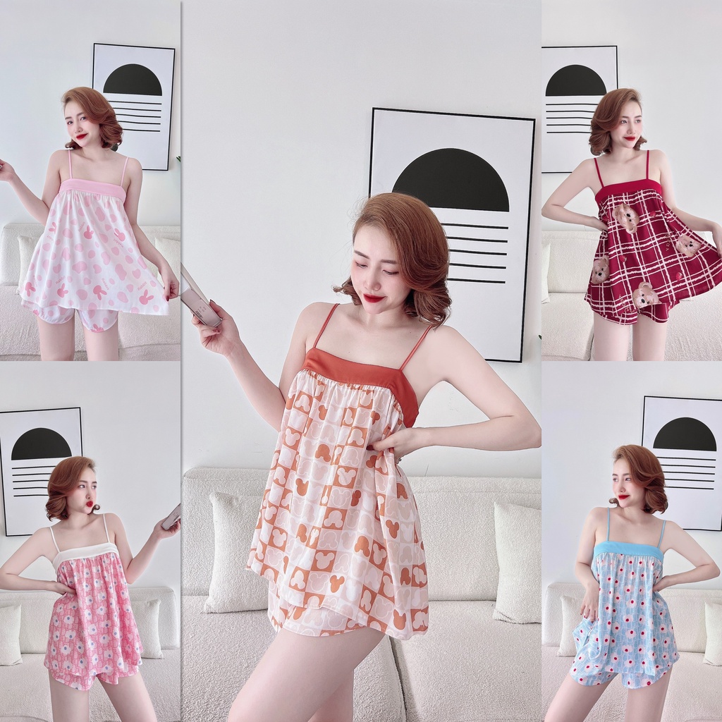 Đồ Mặc Nhà Nữ SOJUN Bộ Đùi Lụa Xước Tô Châu Viền Size 40-75Kg