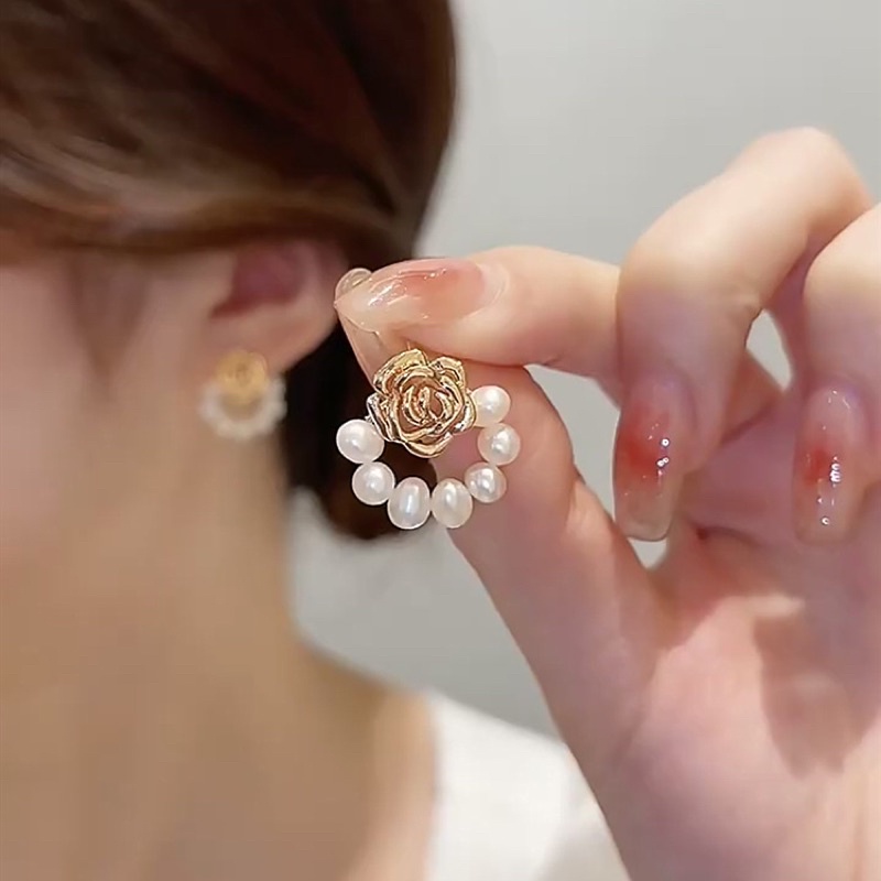 Bông tai Khuyên tai nữ ROSE hoa trà đính ngọc