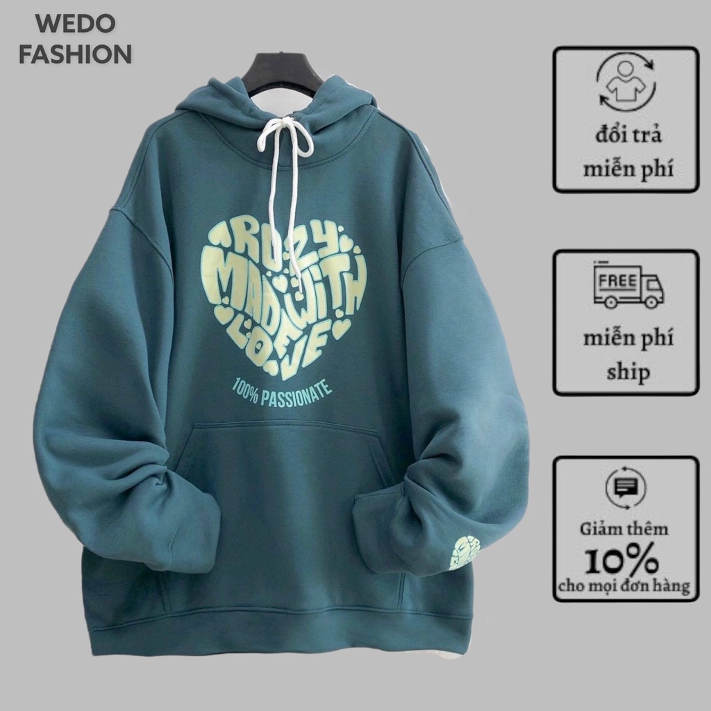 Áo hoodie MADEWHIT LOVE nữ, chất vải nỉ ngoại dày dặn phối túi form rộng sành điệu WEDO