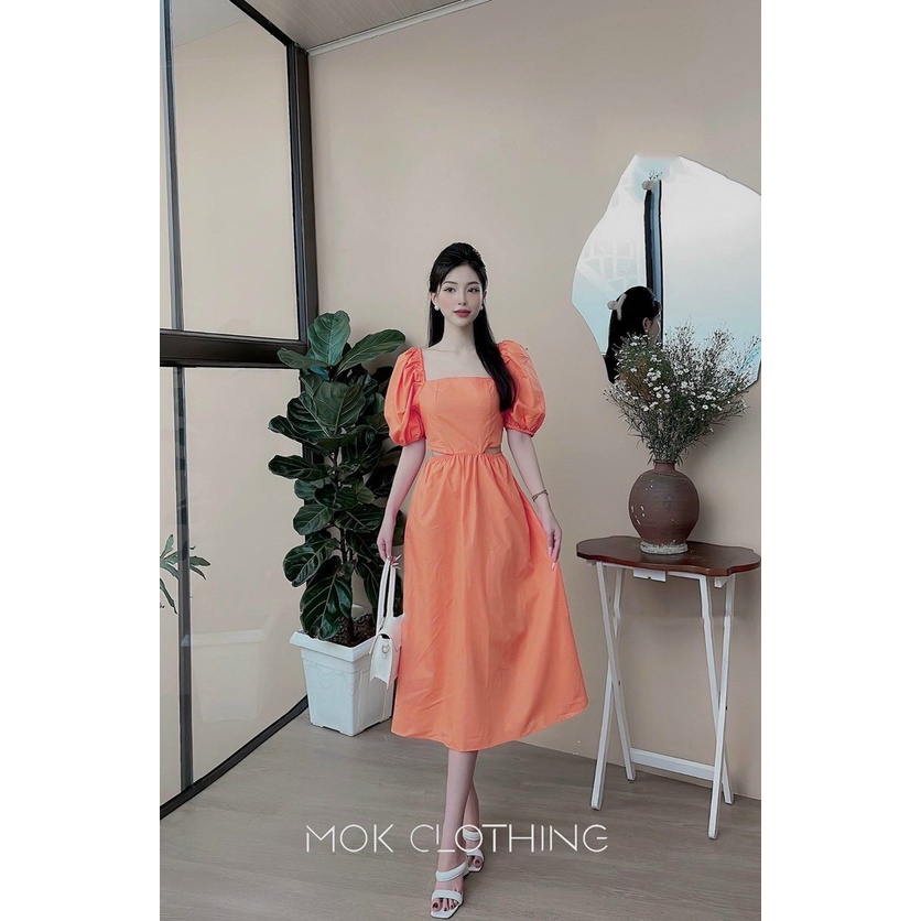 đầm suông nhẹ kiểu khoét eo cổ vuông rộng tay ngắn