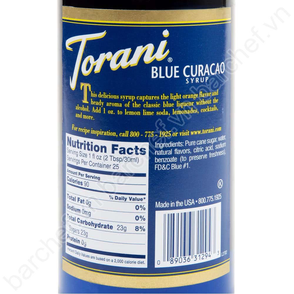 Syrup Torani Chai thủy tinh Hương Curacao xanh (750ml) - Nhập khẩu Mỹ - Torani Blue Curacao Syrup - pha chế trà, trà sữa