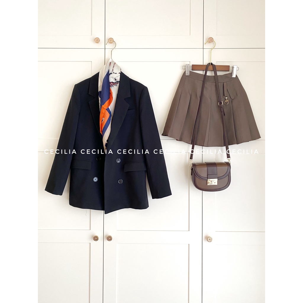 Áo blazer nữ dài tay 2 lớp CECILIA Design thiết kế AZURA khoác vest màu đen  dáng suông Hàn Quốc, có đệm vai