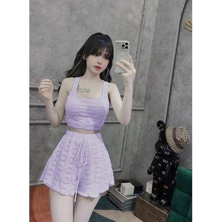 Sét bộ thời trang nữ mặc đi chơi chất len ren y mẫu 100% áo 3 lỗ mix quần đùi cột nơ dây