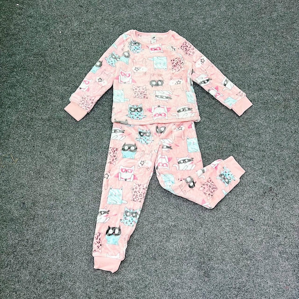 Bộ dài tay băng lông 2 mẫu hồng mèo và cún xinh xinh cho bé gái 92 - 140