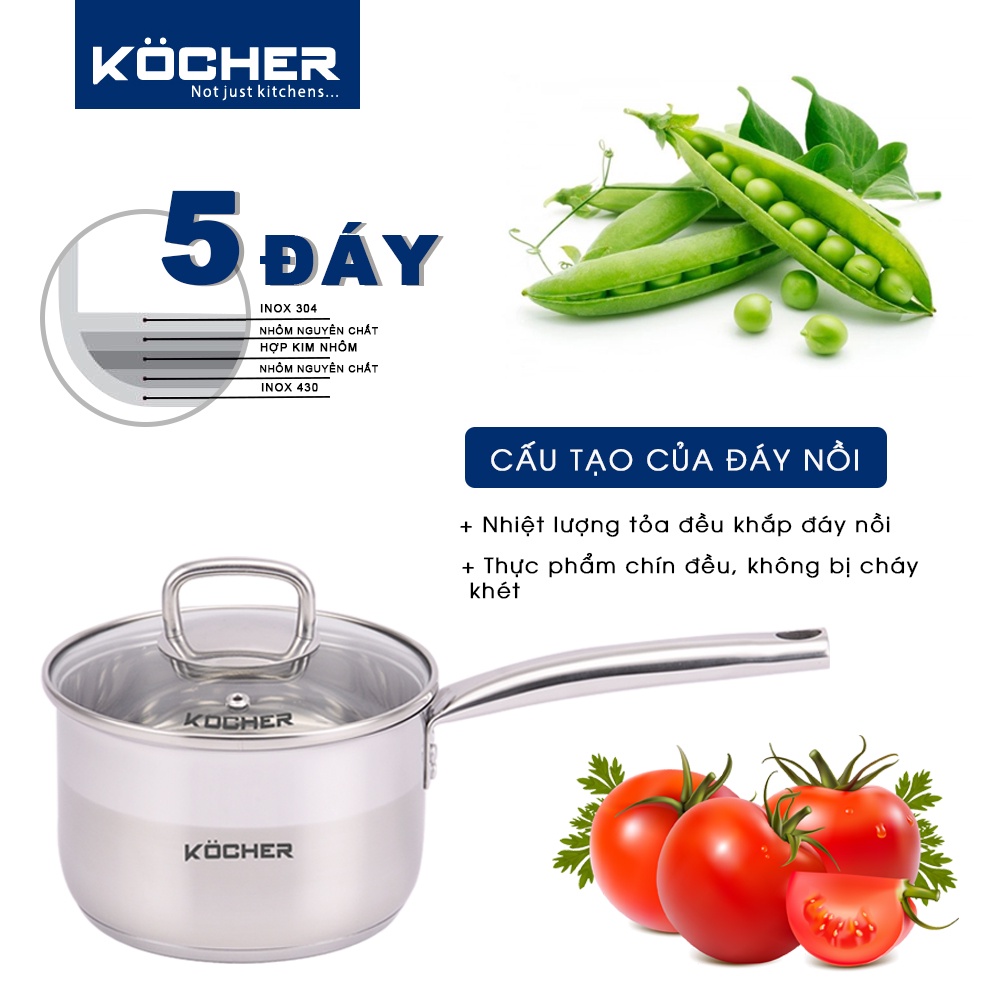 Quánh inox 304 nấu cháo cho bé 5 đáy cao cấp KOCHER size 16cm