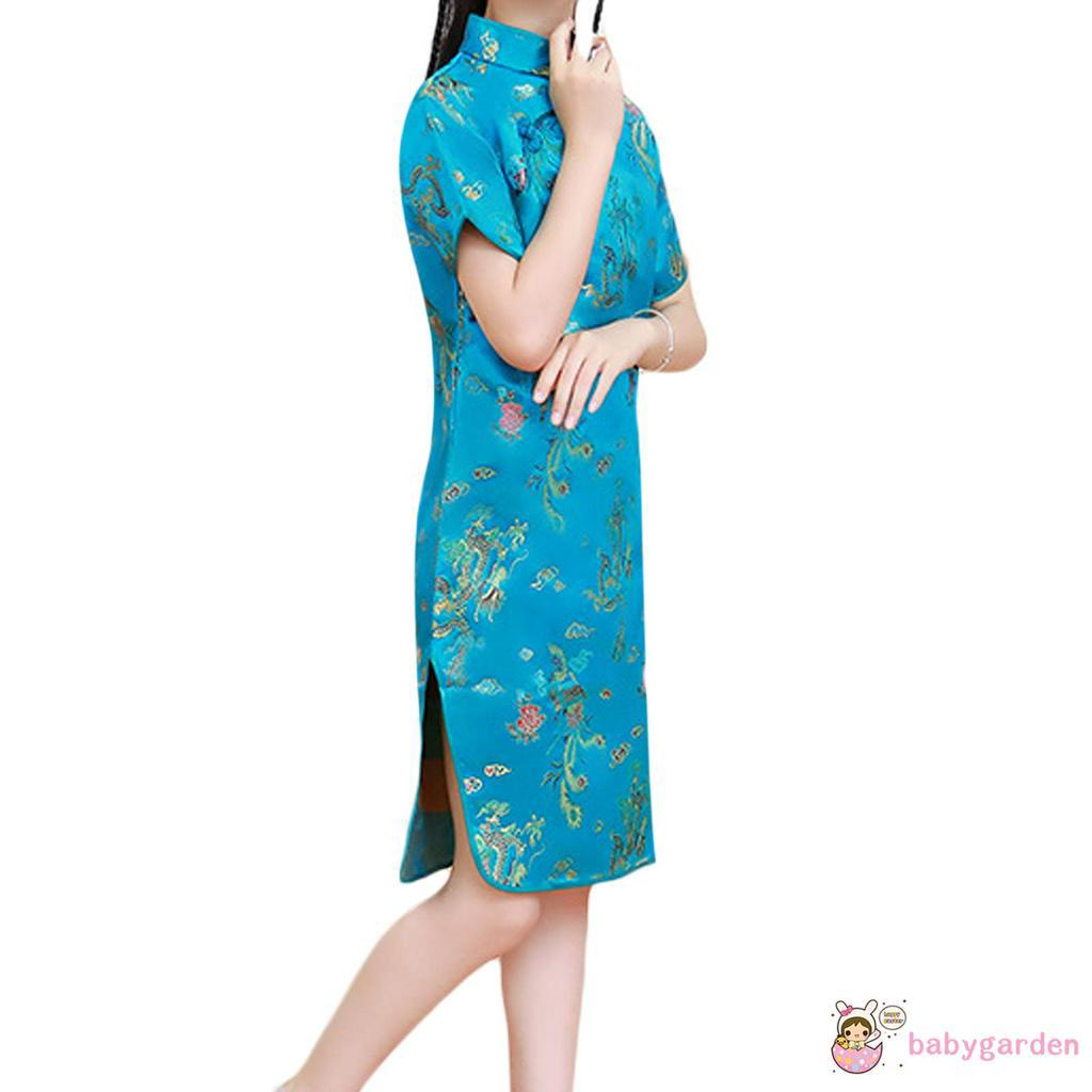 Đầm Sườn Xám Ngắn Tay Thêu Hoa Cho Bé Gái