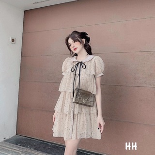 Váy tơ bèo 4 tầng chấm bi có nơ buộc cổ